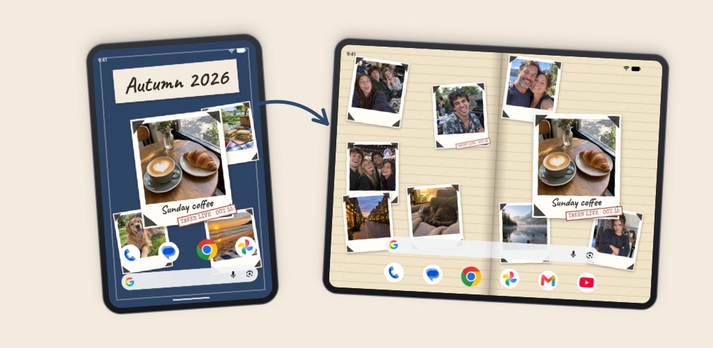 A closed and an open foldable phone showing the same scrapbook